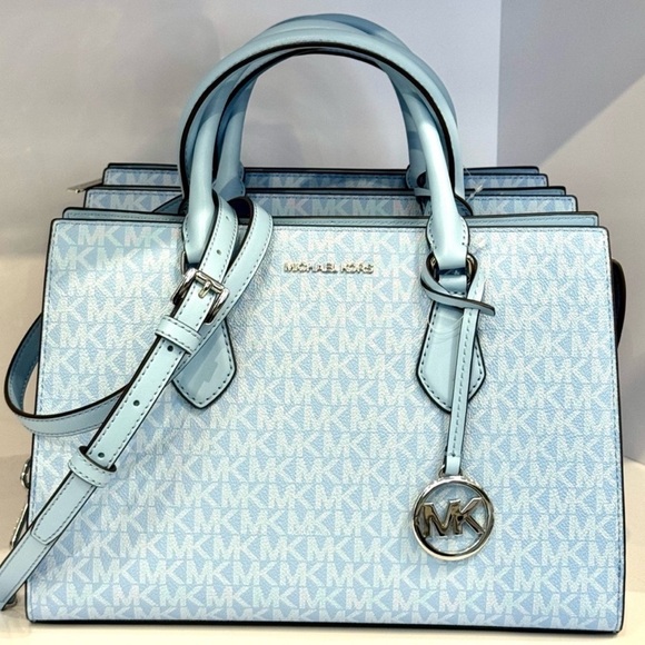 Michael Kors Sheila Medium Signature Logo Satchel Bag Light Sky Blue - Picture 1 of 11
